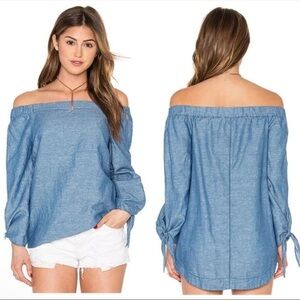 Free People Show Some Shoulder Linen and Cotton Blend Chambray Top Size Small